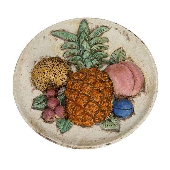 Fruit Themed Wall Hanging 3D Raised Relief Pineapple Grapes Peach Ceramic 11" - Picture 1 of 7